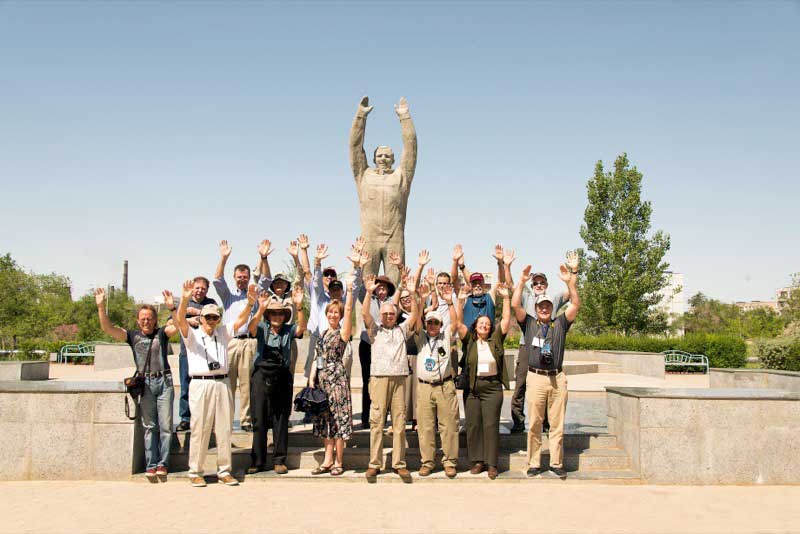 Travelers celebrate at Yuri Gagarin’s statue in Baikonur, Kazakhstan Photo credit: Christopher Prentiss Michel