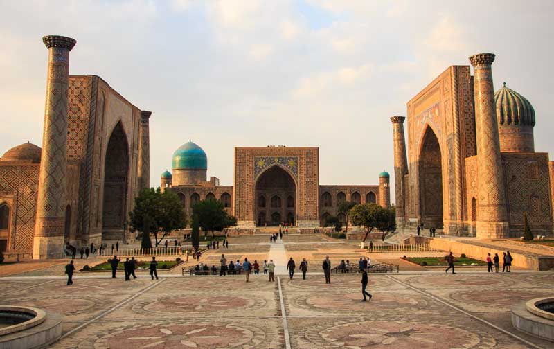 Three emblematic madrassahs frame Registan Square in Samarkand, Uzbekistan. Photo credit: Lindsay Fincher
