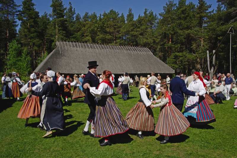Folk dancers twirl and kick up their heels at the Open Air Museum in Tallinn, Estonia.  Photo credit: Estonian Tourist Board