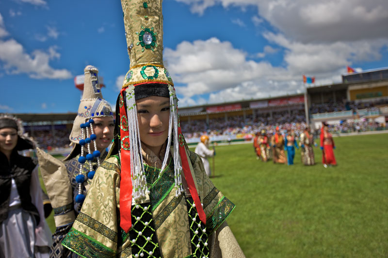 Authentic costumes on display at a Naadam Festival Opening Ceremony. Photo credit: Helge Pedersen