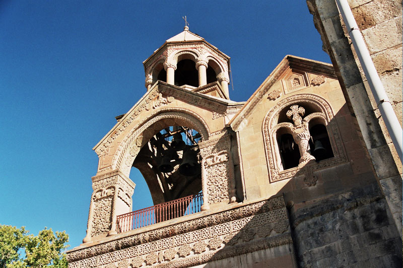 The intricately carved bell tower of Echmiadzin Cathedral (Armenia). Photo credit: Martin Klimenta