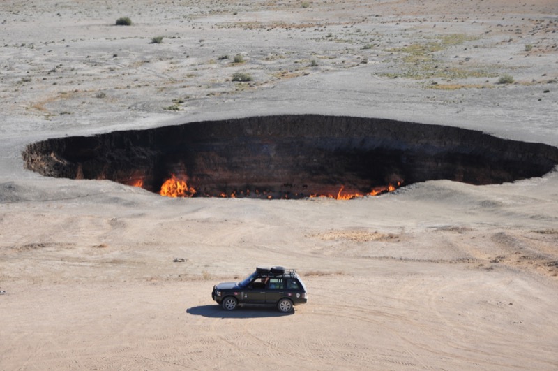 Turkmenistan’s Darvaza Gas Crater, known to locals as the “Door to Hell.” Photo credit: Russ Cmolik & Ellen Cmolik