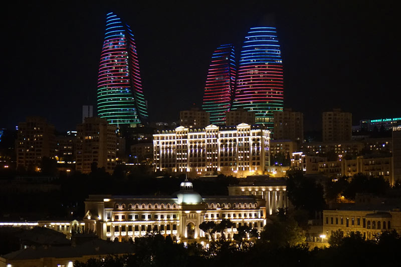 The Flame Towers put on a colorful show at night (Baku, Azerbaijan.) Photo credit: Jake smith