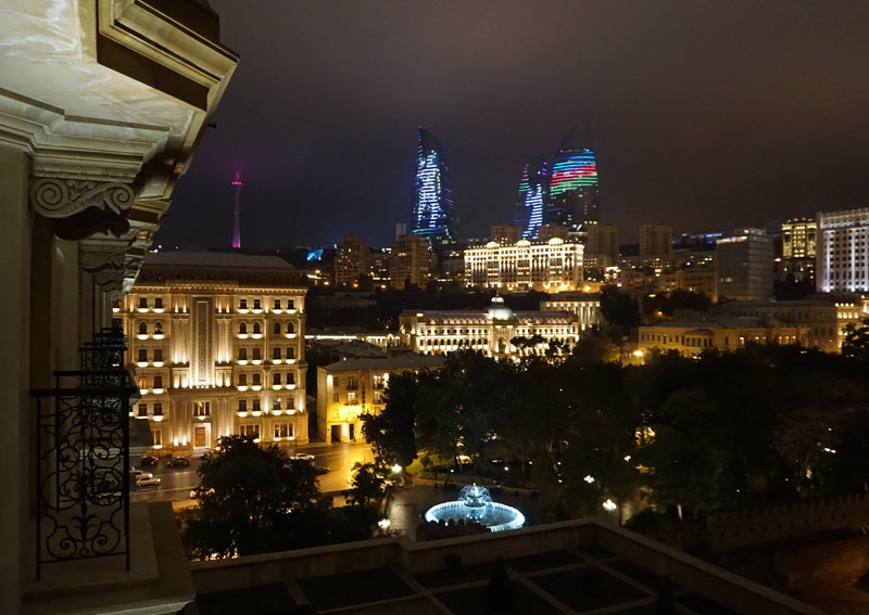 A view of the Flame Towers evening light display from the window of my hotel room. Photo credit: Jake Smith