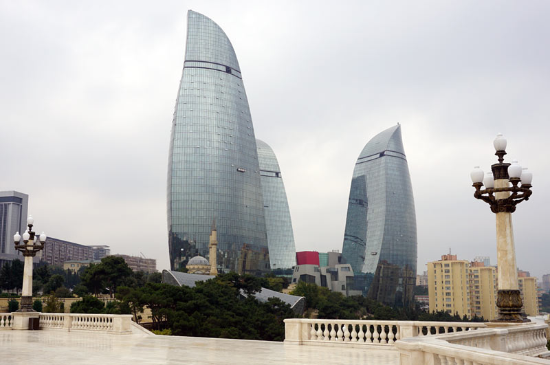 The sleek lines of the modern Flame Towers (Baku, Azerbaijan.) Photo credit: Jake Smith