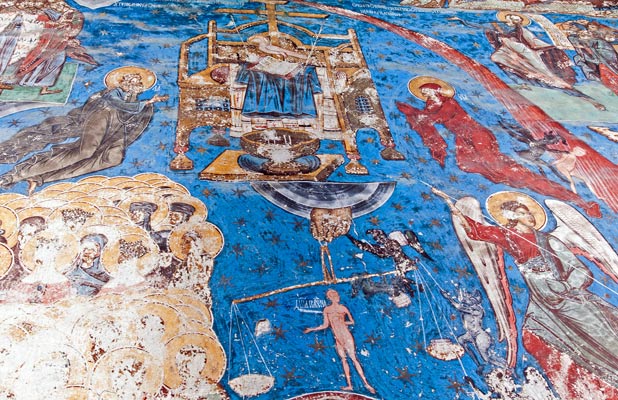 Sinners and righteous await their last judgment in this fresco at Humor Monastery. Photo credit: David W. Allen