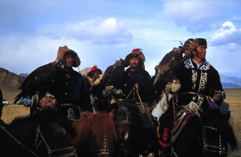 Eagle Hunters on Race Field, Mongolia. Photo credit: Nomadic Expeditions