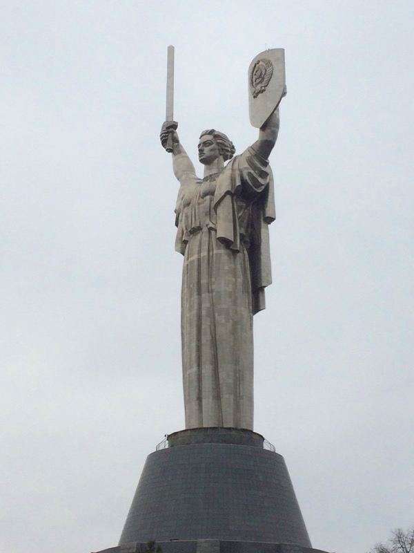 The “Nation’s Mother” Monument, or Rodyna Mat, stands 330 feet tall over the Kiev skyline — just several feet taller than the Statue of Liberty in New York. Photo credit: Jessica Clark