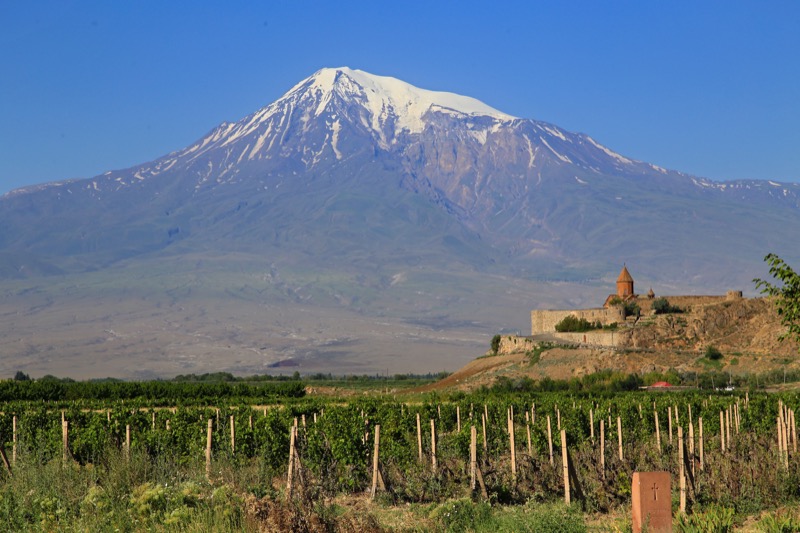 Majestic Mt. Ararat towers behind the monastery of Khor Virap (Armenia). Photo credit: Ann Schneider
