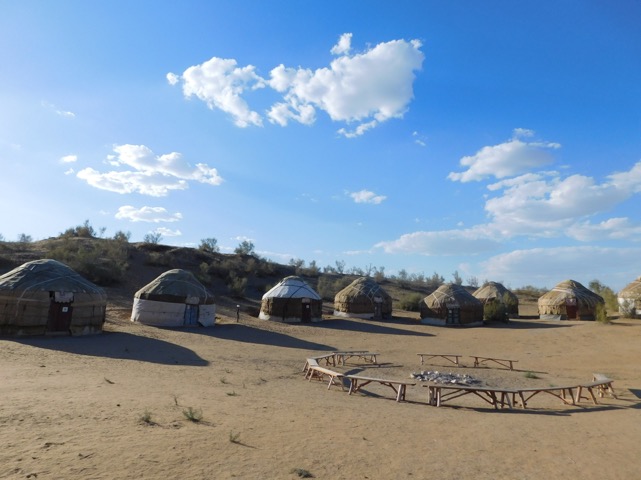 Yurts in the Kyzyl Kum are set up around the campfire pit. Photo credit: Abdu Samadov