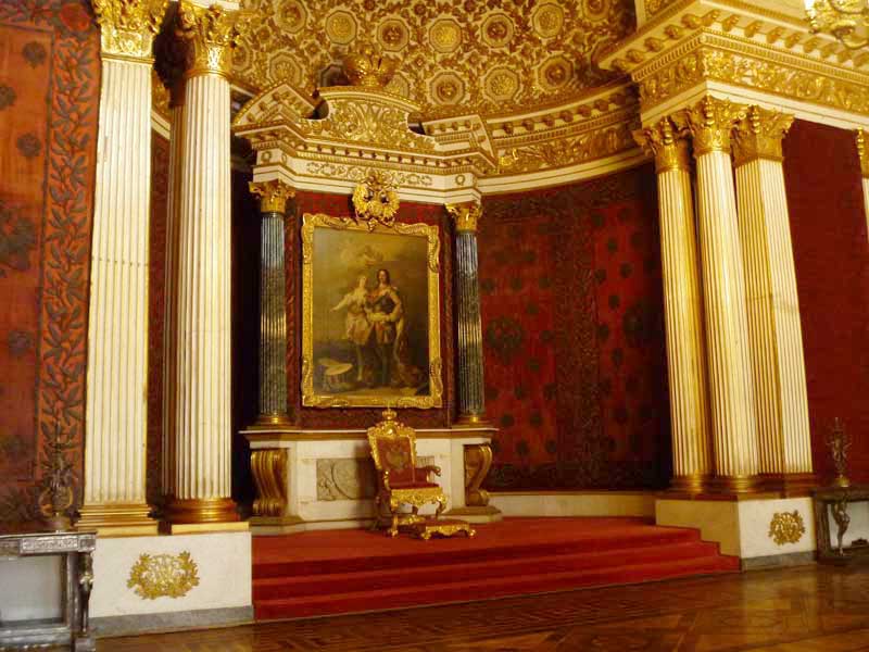 The sumptuous reds of the Peter the Great Hall (Small Throne Room) in the Hermitage. Photo credit: Liz Tollefson