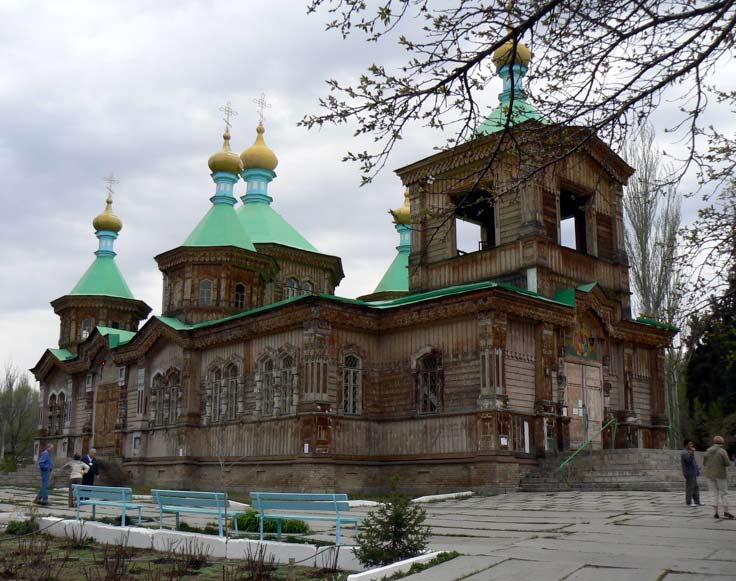 Holy Trinity Cathedral in Karakol. It is a Russian Orthodox Church made from wood and corrugated iron completed in 1895 (Kyrgyzstan). Photo credit: Martin Klimenta