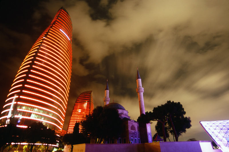 The Flame Towers alight in Baku, Azerbaijan. Photo credit: Peter Guttman