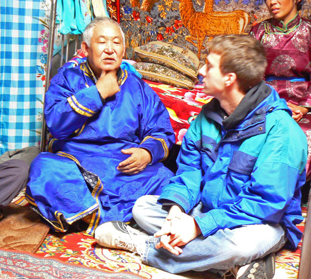 Explaining how to throat-sing in Tuva, Russia. Photo credit: Martin Klimenta