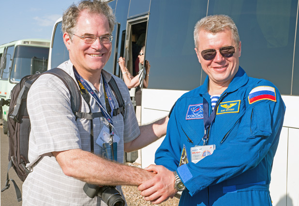 Douglas Grimes with Russian cosmonaut Oleg Novitskiy in Baikonur, Kazakhstan. Photo credit: Christopher Prentiss Michel