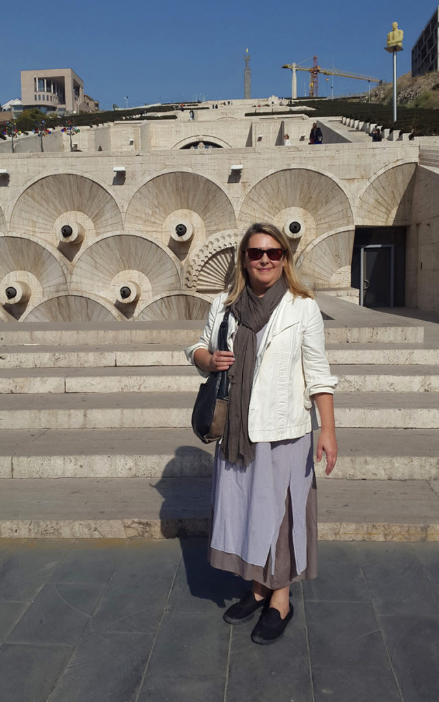 Author Anya von Bremzen in front of the Yerevan Cascade. Photo credit: Anya von Bremzen