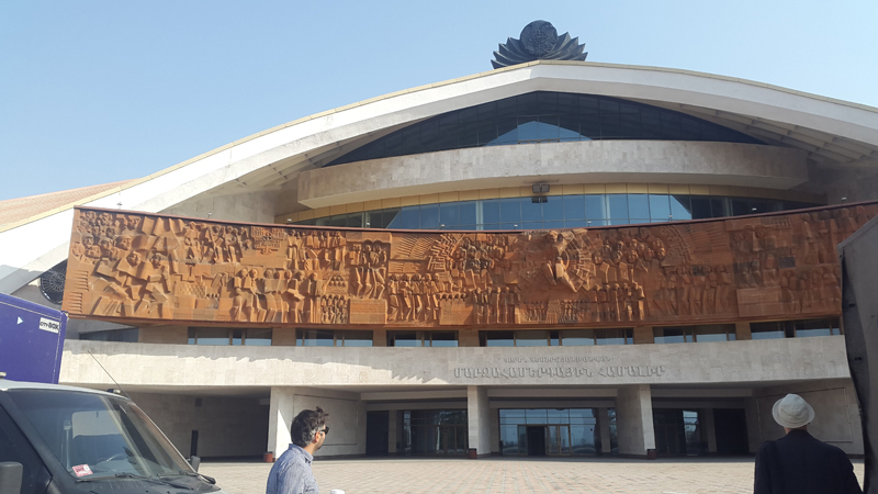 Yerevan is dotted with old Soviet buildings and monuments, like the Karen Demirchyan Sports and Concerts Complex. Photo credit: Anya von Bremzen