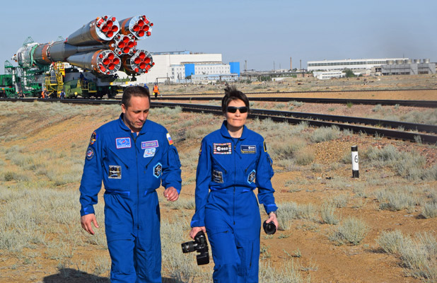 Backup crew cosmonauts finish shooting photos of 'their' Soyuz rocket. Photo credit: Douglas Grimes