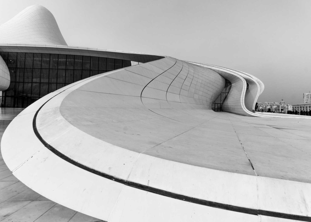The curving, organic architecture of Zaha Hadid's amazing Heydar Aliyev center. Photo credit: Jered Gorman