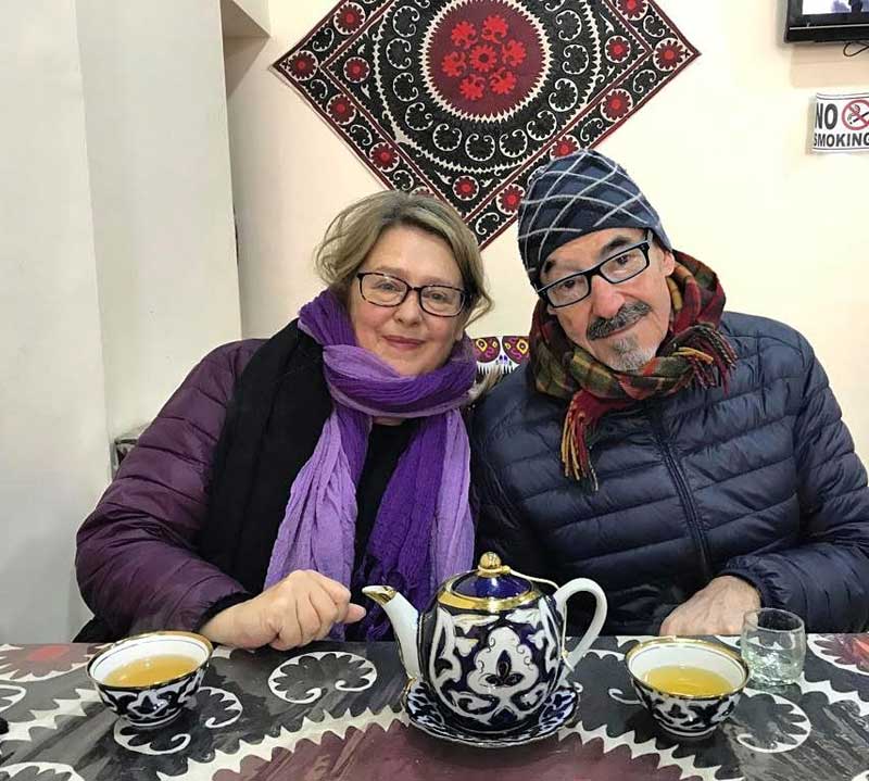 Anya and her partner enjoying some traditional Uzbek tea. Photo credit: Anya von Bremzen