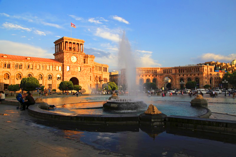 Top Photo: Dusk sets in on Yerevan’s Republic Square. Photo credit: Ann Schneider.