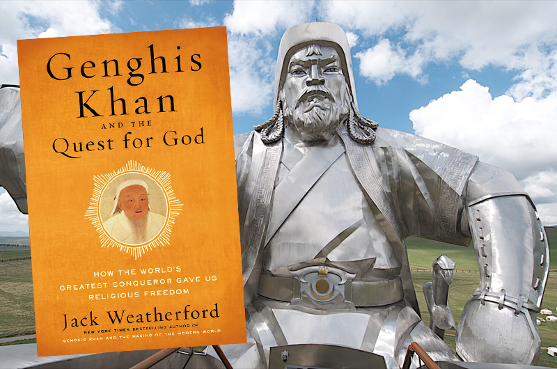 Jack Weatherford’s latest book, pictured side-by-side with a stainless steel statue of Genghis Khan, visible from miles away near Ulaanbaatar. Photo credit: Alan Levin.
