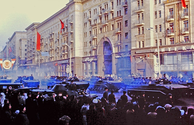 Soviet tanks roar along Moscow’s main street in the Great October Revolution parade on November 7, 1980. Photo credit: Helen Holter